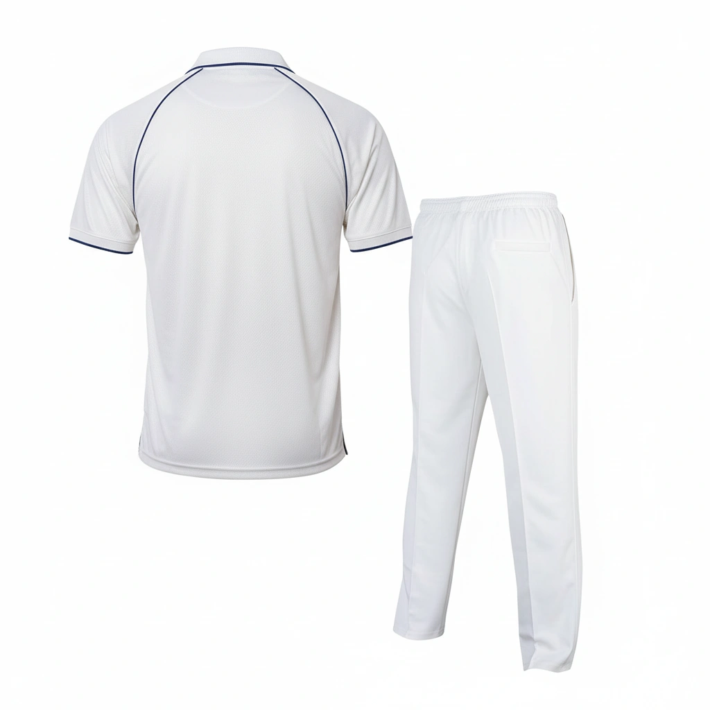 Classic White Cricket Kit – Blue Trim Dip Wear 2 Classic white cricket uniform with blue trim Dip Wear design, professional athletic gear for players