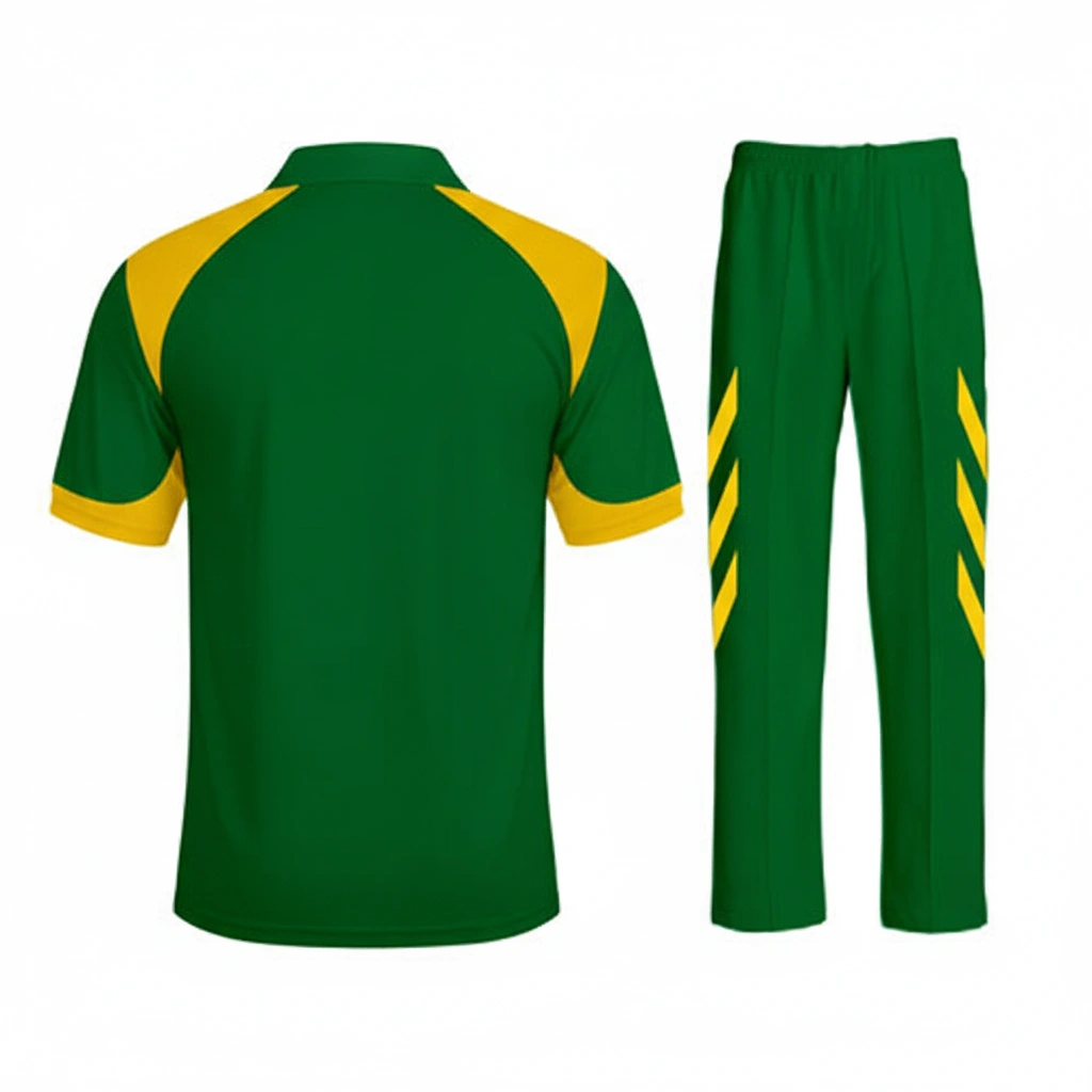 Vibrant cricket uniform in green and yellow Dip Wear design, professional athletic gear for players