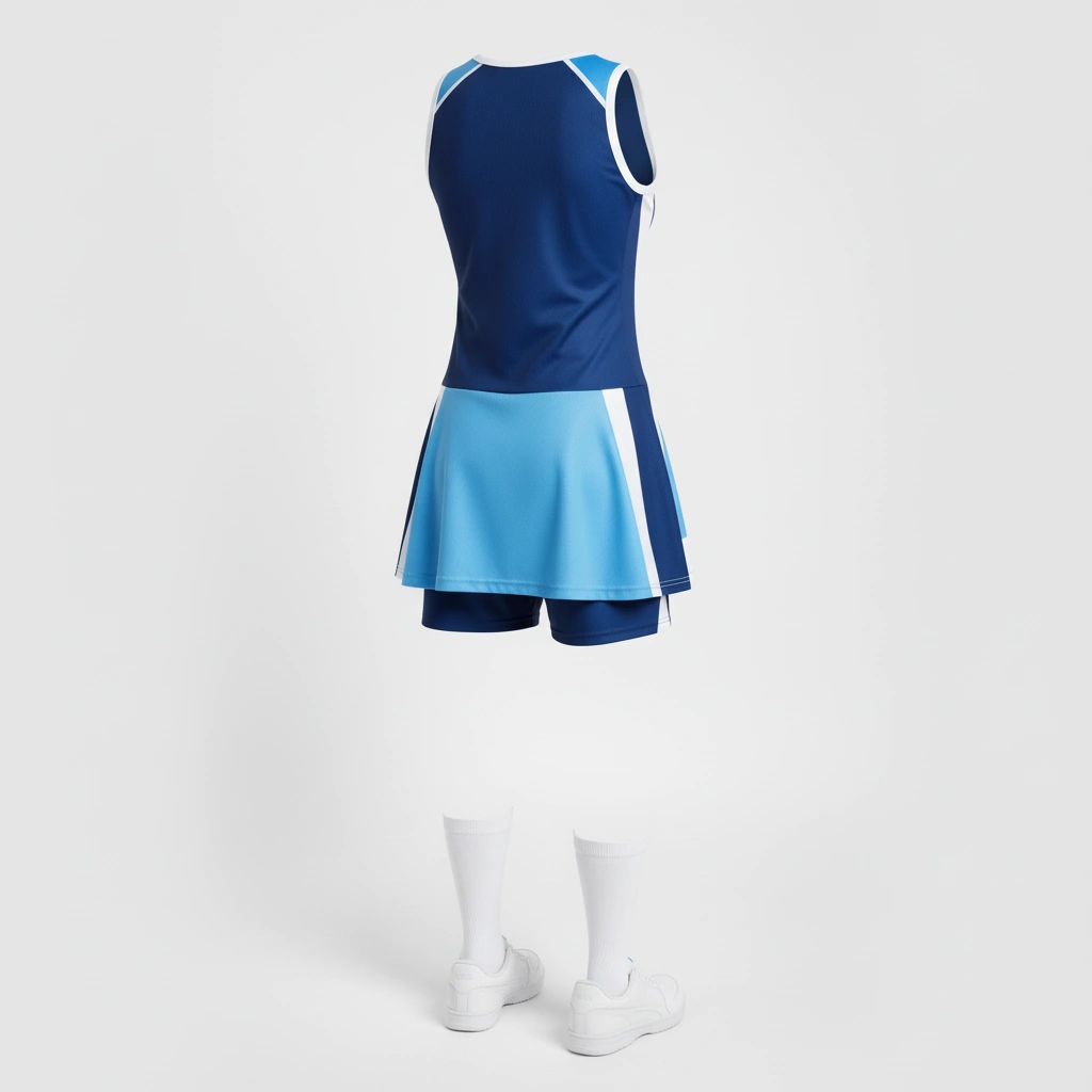Elite Netball Uniform Set – Navy & Sky Blue Dip Wear 2 Elite netball dress set in navy and sky blue Dip Wear design, professional athletic gear for players