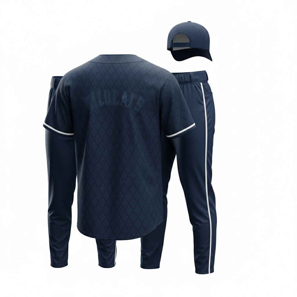Navy blue baseball uniform front view with sublimation design, athletic sportswear set