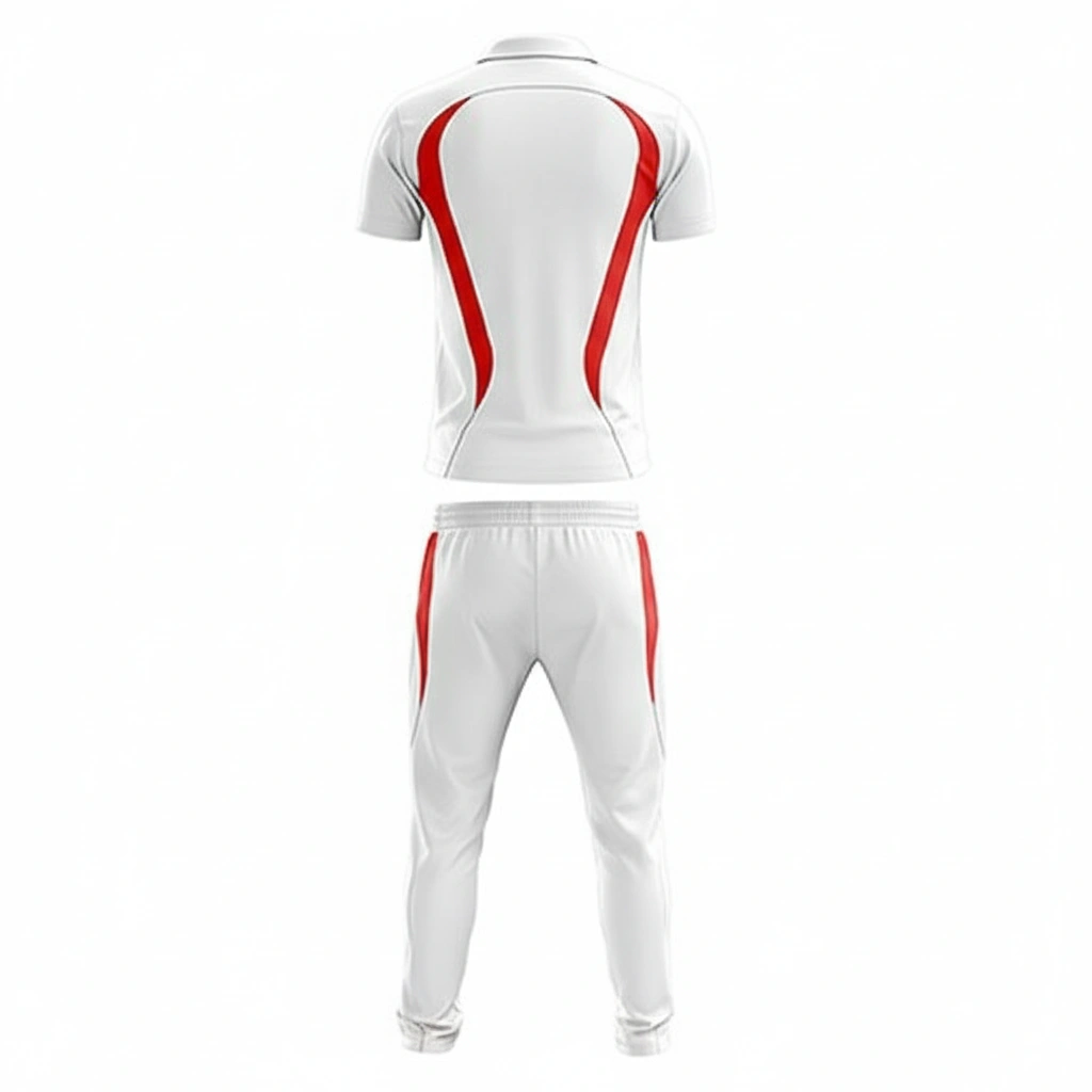 Dynamic white cricket uniform with red accents Dip Wear design, professional athletic gear for players