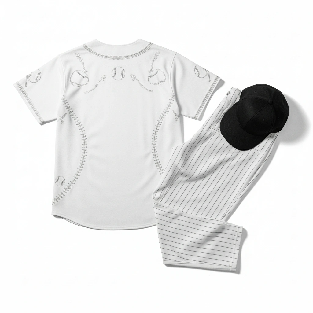 Light-colored baseball uniform front view with embroidery design, athletic sportswear set