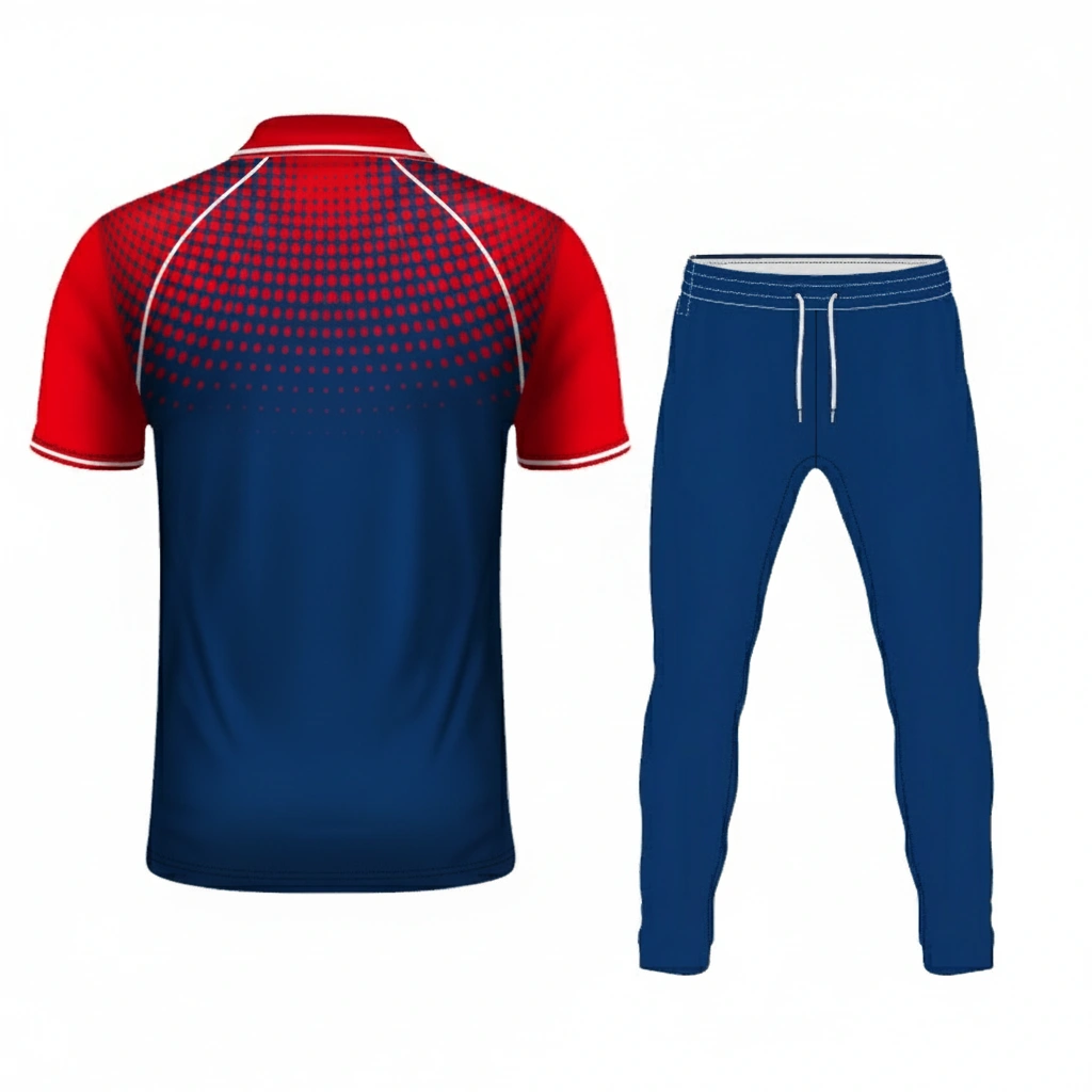 Pro cricket uniform in blue, red, and white Dip Wear design, professional athletic gear for players
