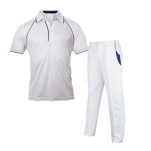 Classic White Cricket Kit – Blue Trim Dip Wear 1 Classic white Cricket Kit with blue trim Dip Wear design, professional athletic gear for players