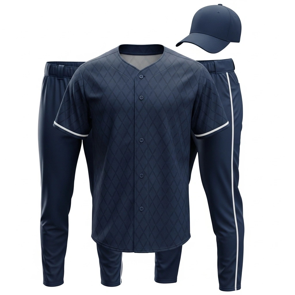 Navy blue baseball uniform front view with sublimation design, athletic sportswear set