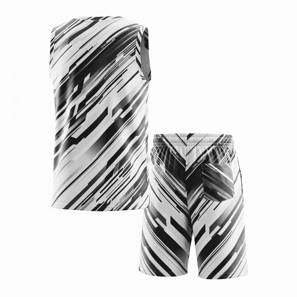Monochrome Motion Basketball Jersey– Sublimated Precision Edition 2 White and black basketball tracksuit with sublimation design, front side view
