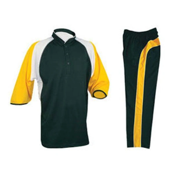 Custom Cricket Uniform in green, yellow, and white Dip Wear design, professional athletic gear for players