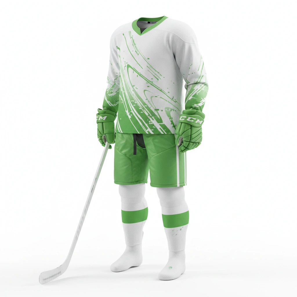 Sublimation Ice Hockey Uniform – Green Streak Line Edition 1 Sublimation Ice Hockey Uniform Green StreakLine Edition in team colors, professional athletic gear for players