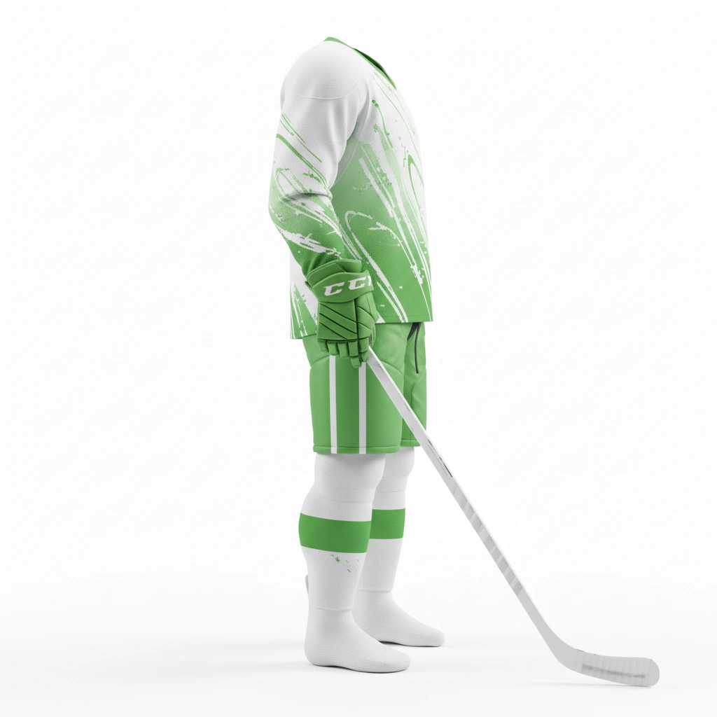 Sublimation Ice Hockey Uniform – Green Streak Line Edition 2 Ice hockey uniform Green StreakLine Edition in team colors, professional athletic gear for players