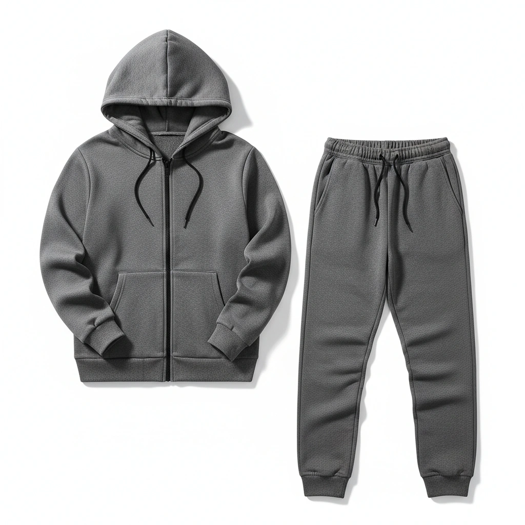 Dark gray fleece hooded tracksuits with zip-up hoodie and jogger sweatpants, laid flat for display. 🏷️ Title Unisex Dark Gray Fleece Hooded Tracksuit – Zip-Up Hoodie & Joggers Set 🖼️ Caption Stay warm and stylish in this ultra-soft fleece tracksuit featuring a zip-up hoodie and tapered joggers. 📝 Description Elevate your comfort game with our premium dark gray fleece hooded tracksuit, designed for effortless style and all-day warmth. This matching set includes a zip-up hoodie with adjustable drawstrings and a spacious front pocket, paired with jogger-style sweatpants featuring an elastic waistband, drawstring closure, and cuffed ankles for a snug fit. Whether you're lounging at home, heading to the gym, or running errands, this versatile tracksuit delivers cozy performance and modern appeal. Ideal for both men and women, it's a must-have staple for any casual wardrobe. Would you like me to adapt this for a specific audience or collection theme—like winter essentials, street wear, or travel-ready gear.