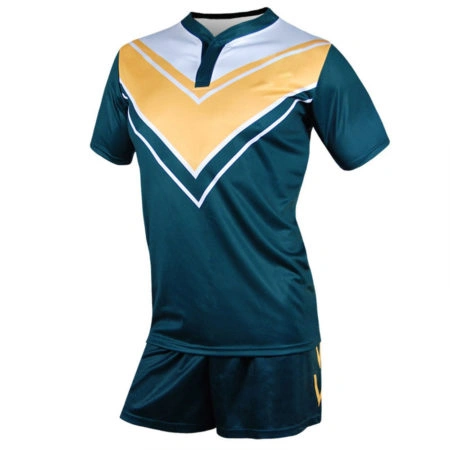 Custom Rugby Uniform in dark green, yellow, and white Dip Wear design, professional athletic gear for players