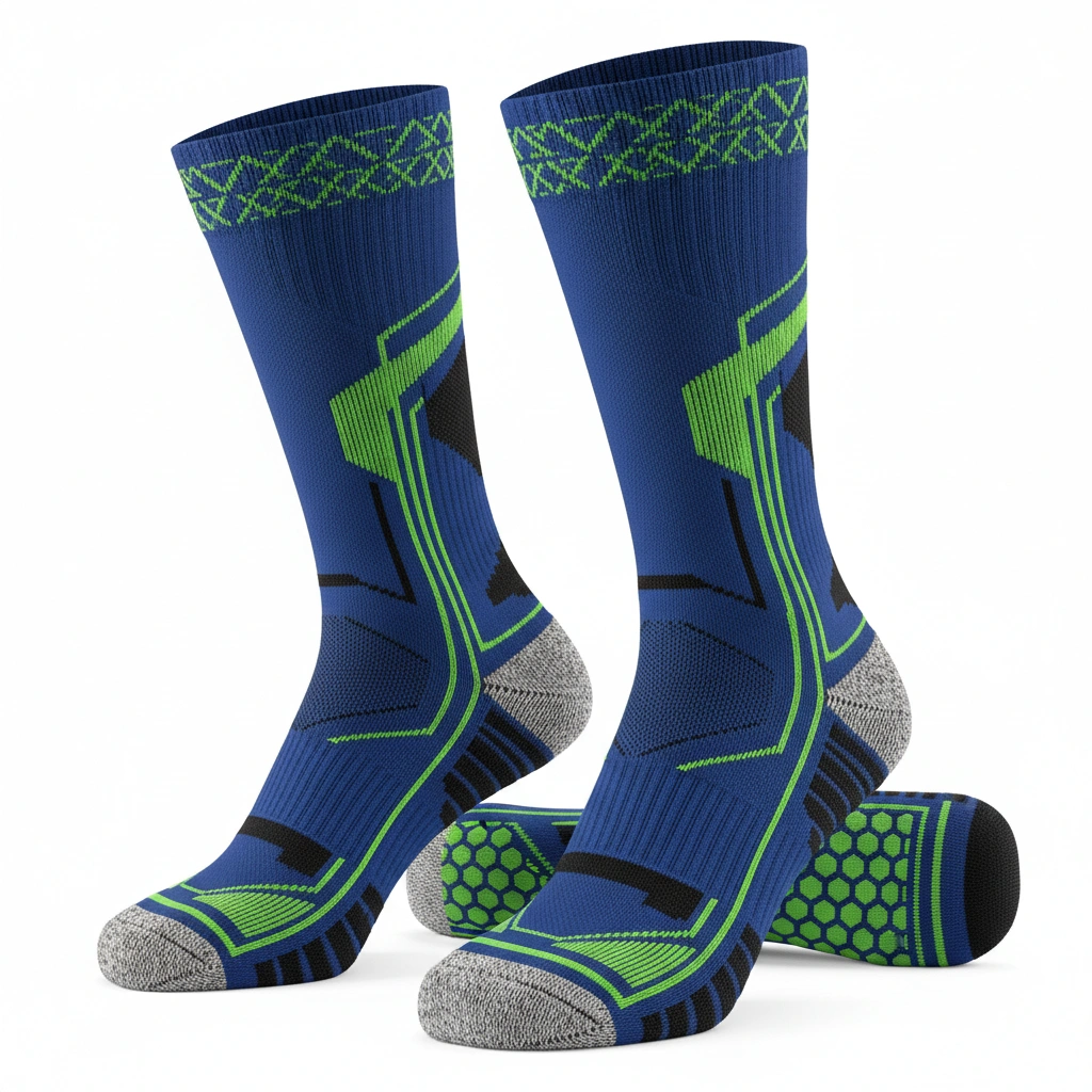Grip socks in blue Hex Traction design, non-slip athletic wear for training and sports