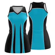 Contour netball Uniform in turquoise, black, and white Dip Wear design, professional athletic gear for players