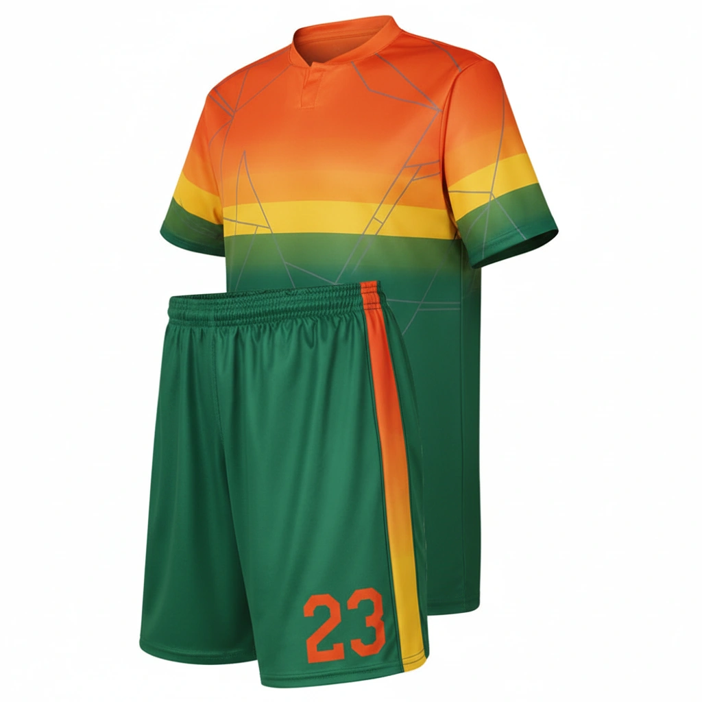 Vibrant Gradient Hockey Uniform – Orange, Yellow & Green Dip Wear 1 Vibrant gradient hockey uniform in orange, yellow, and green Dip Wear design, professional athletic gear for players