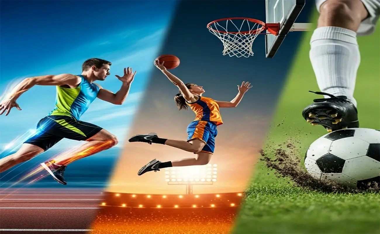 Sportswear for Speed, Strength & Skill | Track, Basketball & Soccer Gear High-energy sportswear athletes in action — sprinting, basketball dunk, and soccer kick — showcasing speed, power, and performance gear.